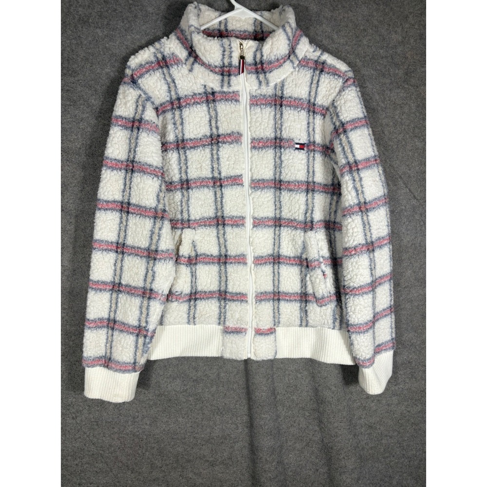 Tommy Hilfiger Womens Sherpa Fleece Jacket Cream Plaid Full Zip TJTRSK134C Sz M